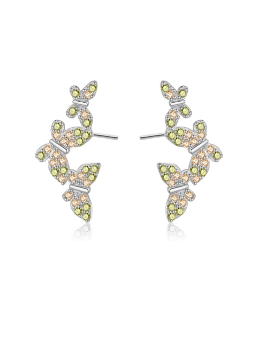 Platinum Olive Green [Butterfly] 925 Sterling Silver Cubic Zirconia Flower Dainty Stud Earring